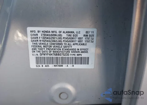 2011 Honda Pilot Ex-L from USA, damaged, VIN 5FNYF4H76BB075235